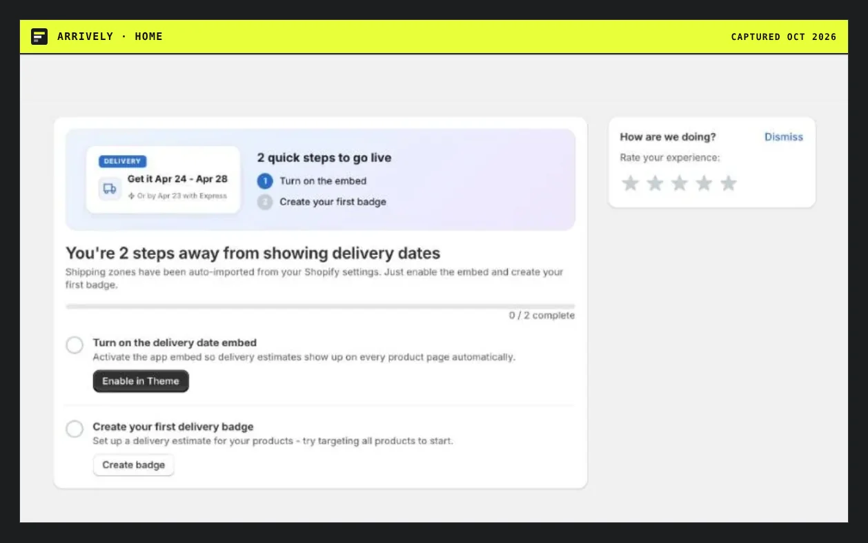 Arrively home page with two steps: turn on the embed and create the first delivery badge