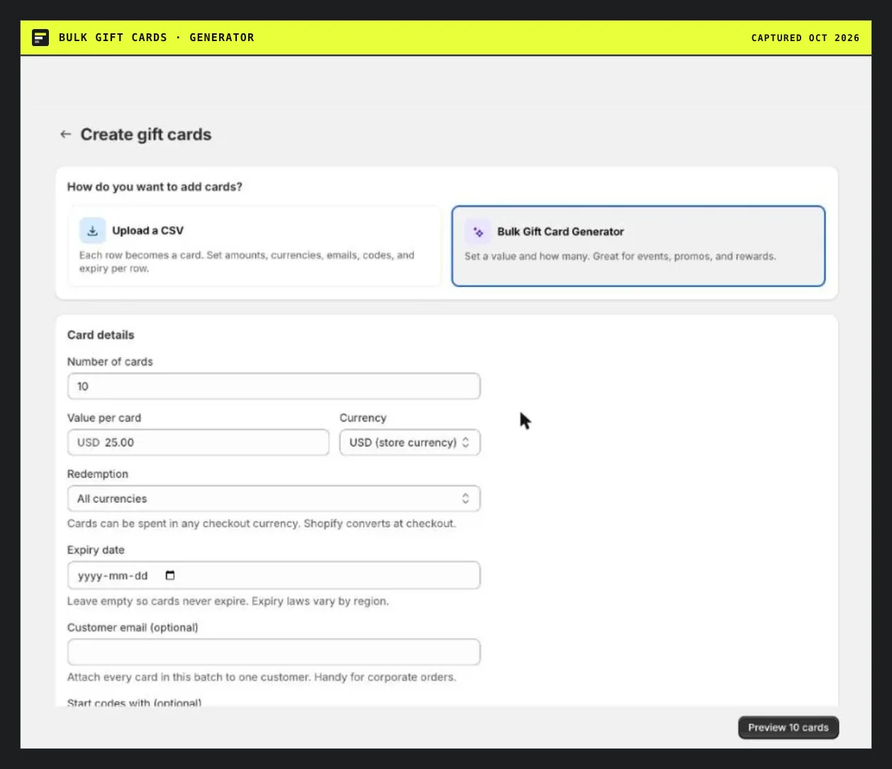 Form for making a batch of identical gift cards in Bulk Gift Cards