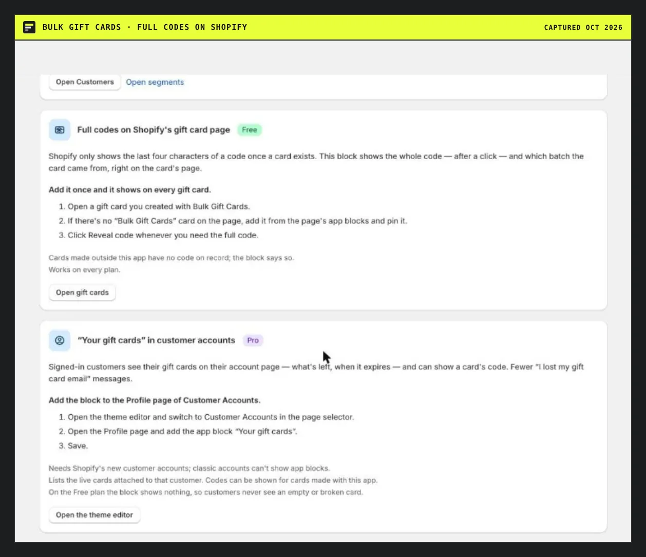 Bulk Gift Cards admin block revealing a full gift card code on Shopify's own gift card page