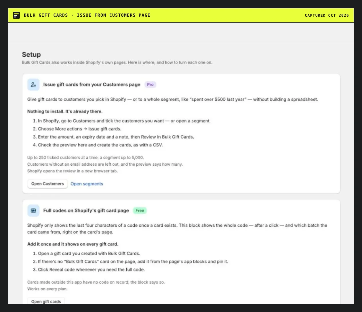 Bulk Gift Cards setup page for issuing gift cards from the Shopify Customers page