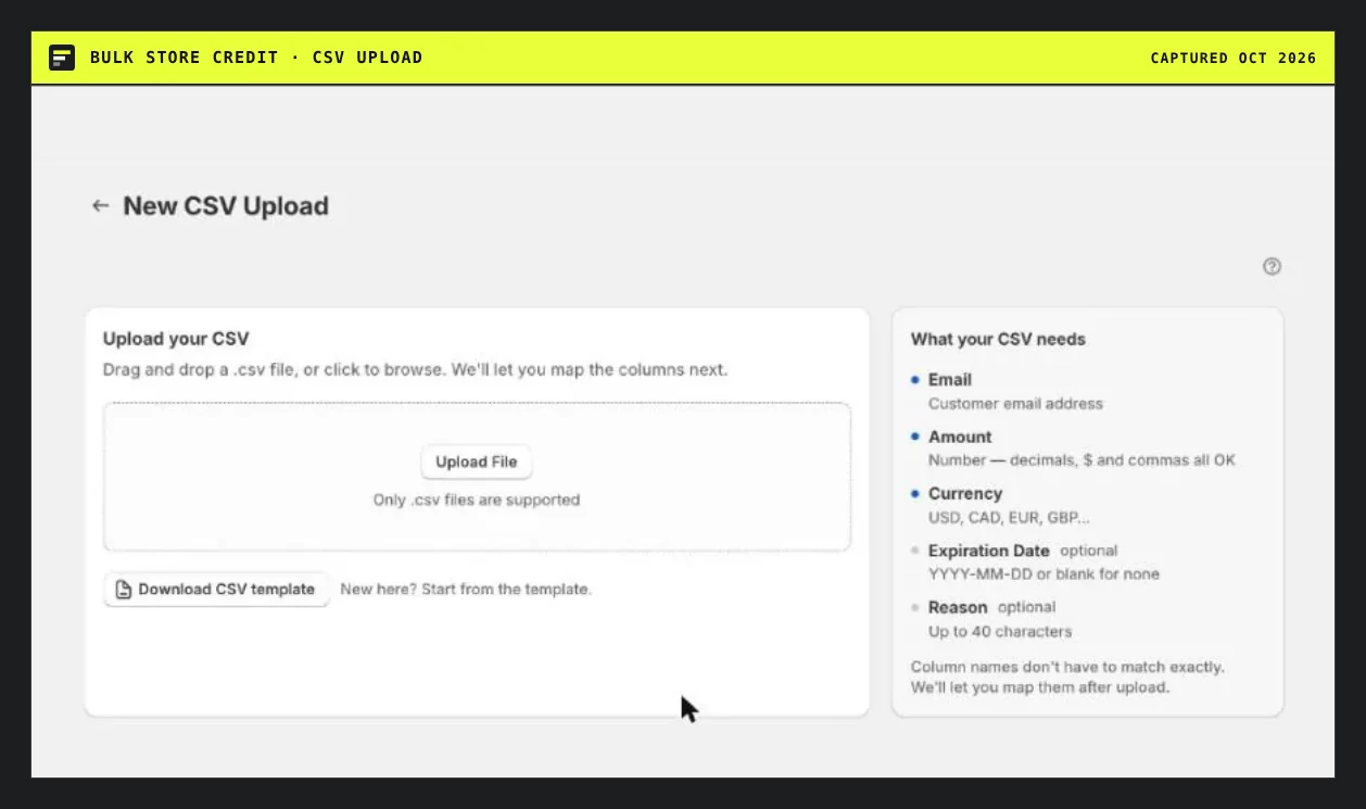 Bulk Store Credit CSV upload screen with a template link and required columns
