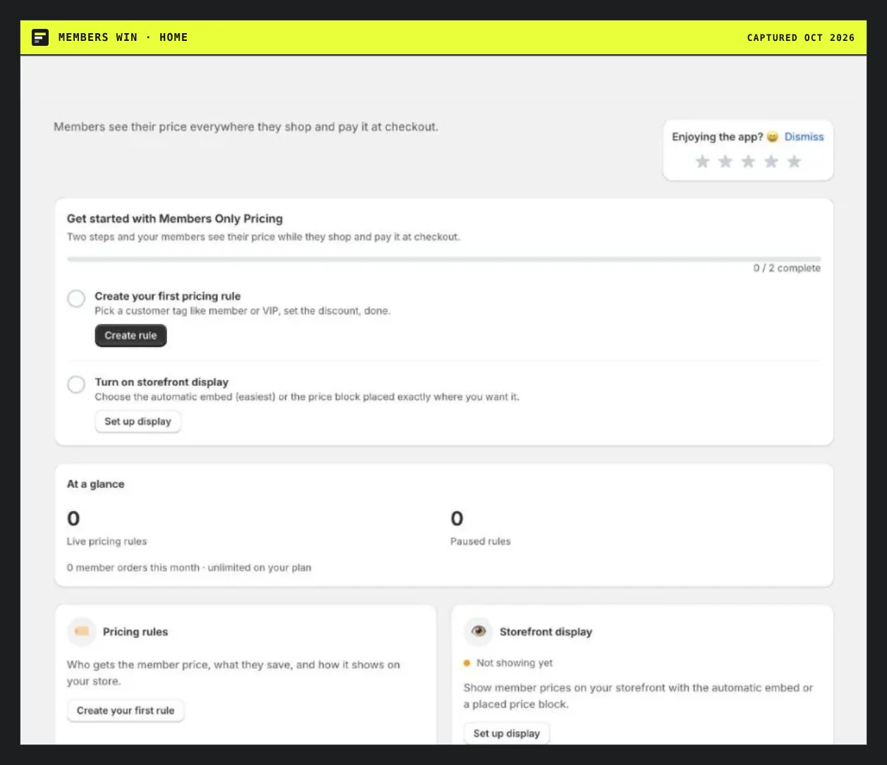 Members Win home page: create a pricing rule, turn on storefront display