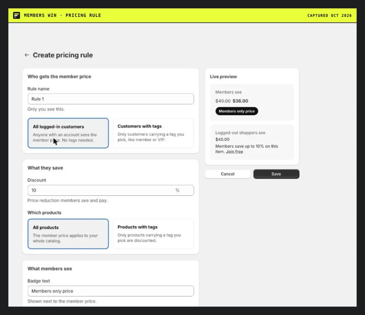 Members Win pricing rule screen with a live preview of member and logged-out prices