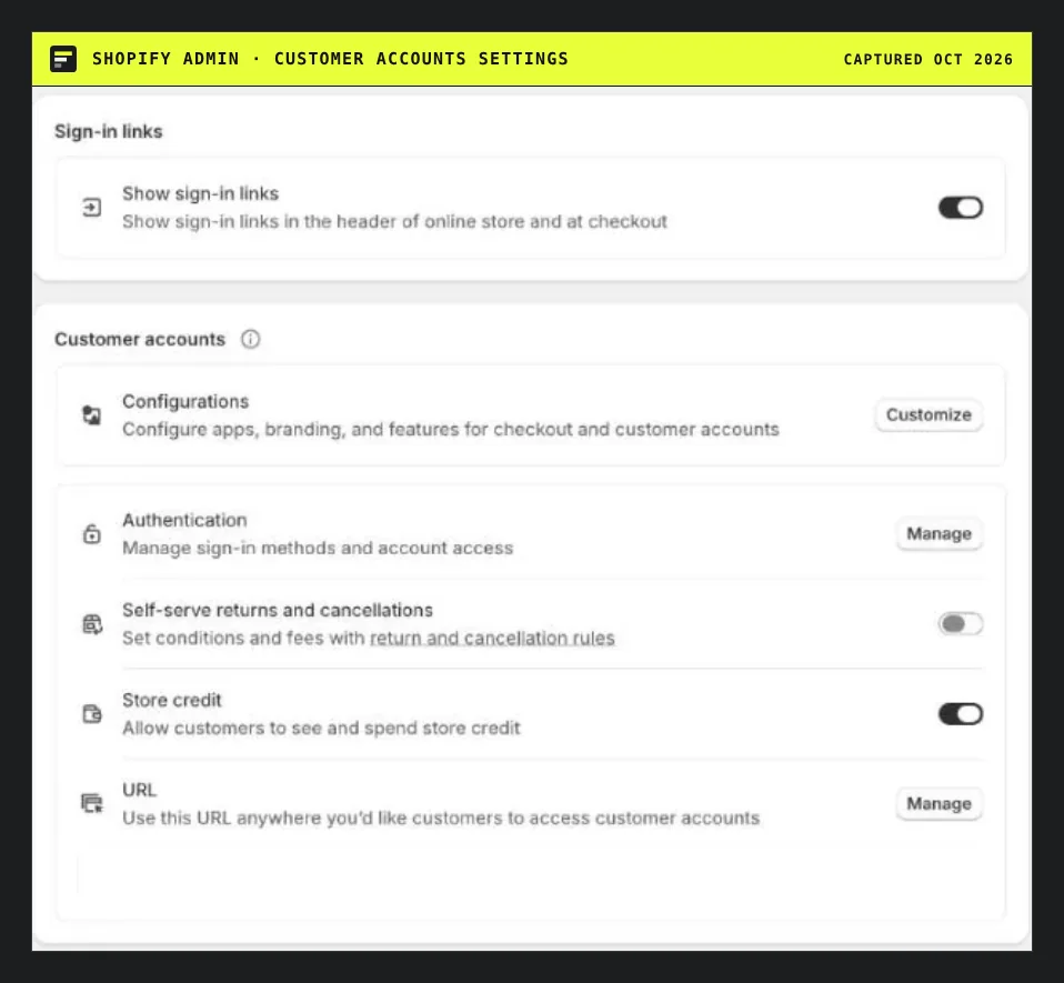 Shopify customer accounts settings with store credit allowed for customers