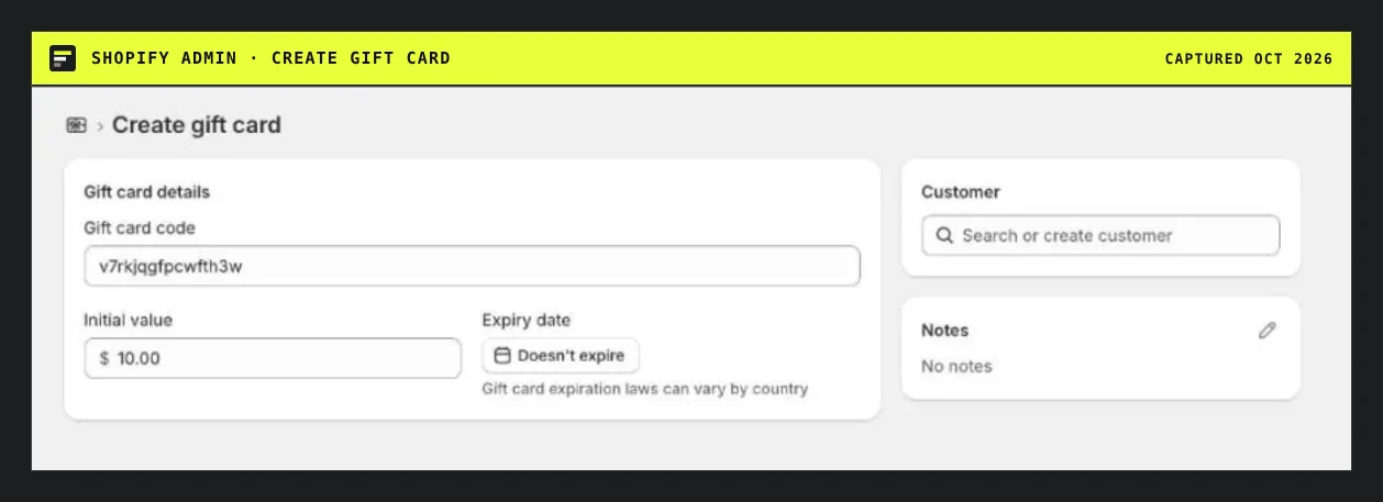 Native Shopify Create gift card form for one card