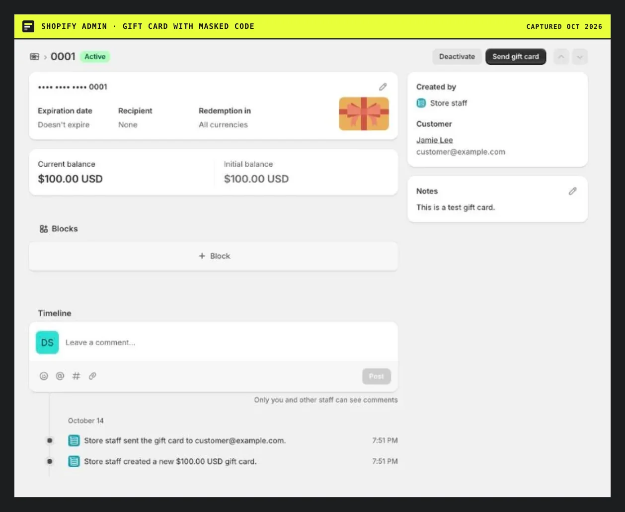 Native Shopify gift card page with the code masked as dots and last four digits