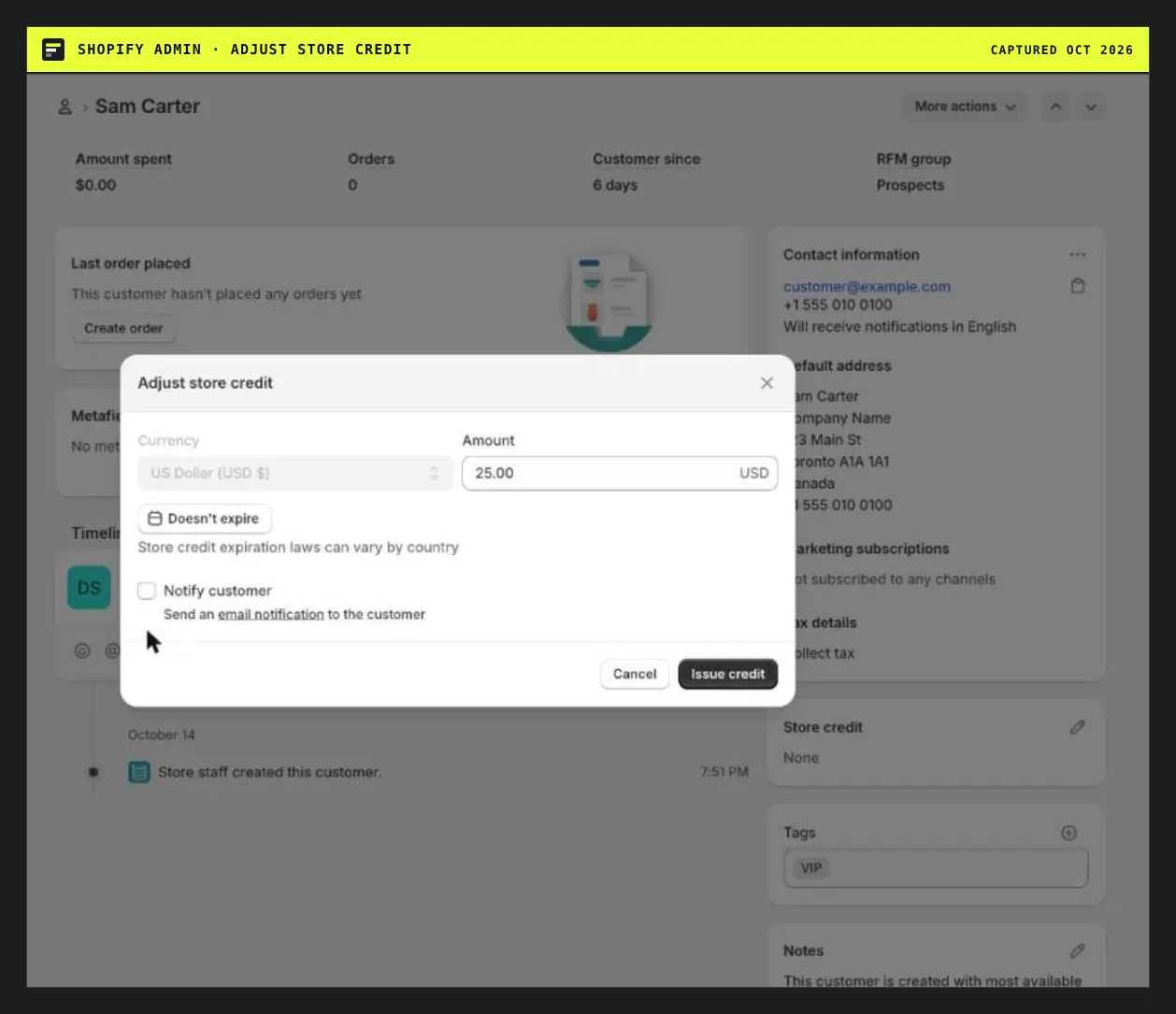 Native Shopify Adjust store credit dialog for a single customer